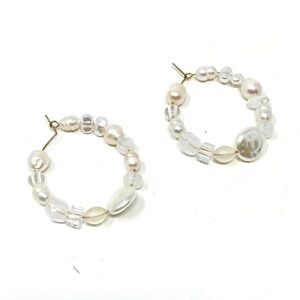 New Free People Pearl Hoop Earrings Beaded Silver White Clear